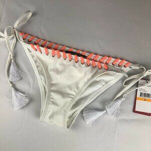 Vince Camuto Bikini Bottoms Whipstitch White and Coral Tassel Sides Small NWT
